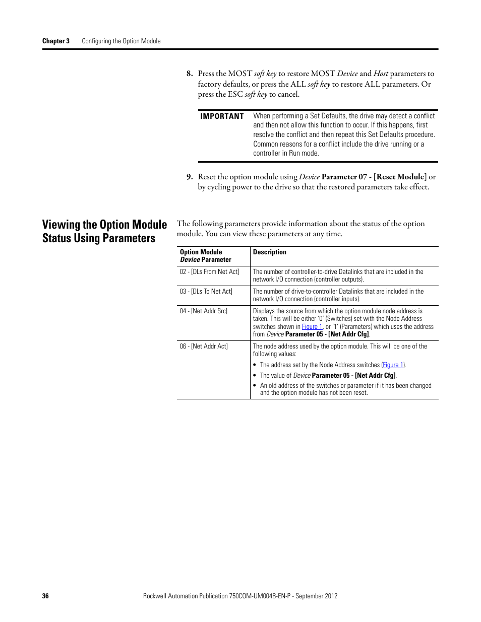 Viewing the option module status using parameters | Rockwell Automation 20-750-PBUS Profibus DPV1 Option Module User Manual | Page 36 / 96