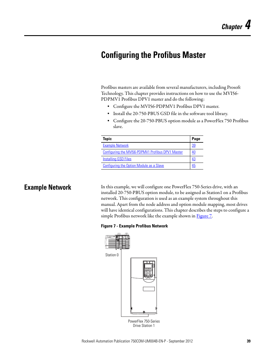 Chapter 4, Configuring the profibus master, Example network | Chapter, 4, configuring the profibus master | Rockwell Automation 20-750-PBUS Profibus DPV1 Option Module User Manual | Page 39 / 96