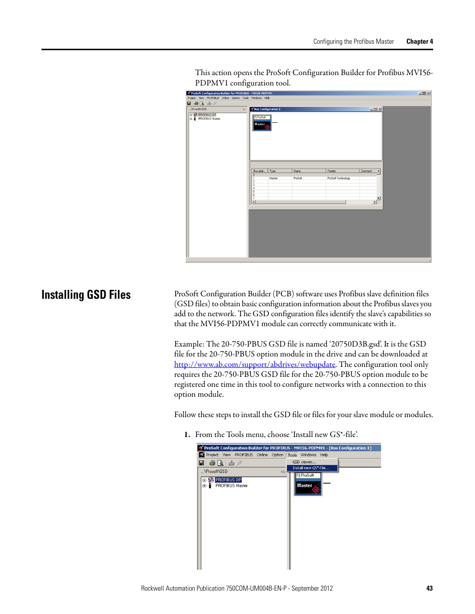 Installing gsd files | Rockwell Automation 20-750-PBUS Profibus DPV1 Option Module User Manual | Page 43 / 96