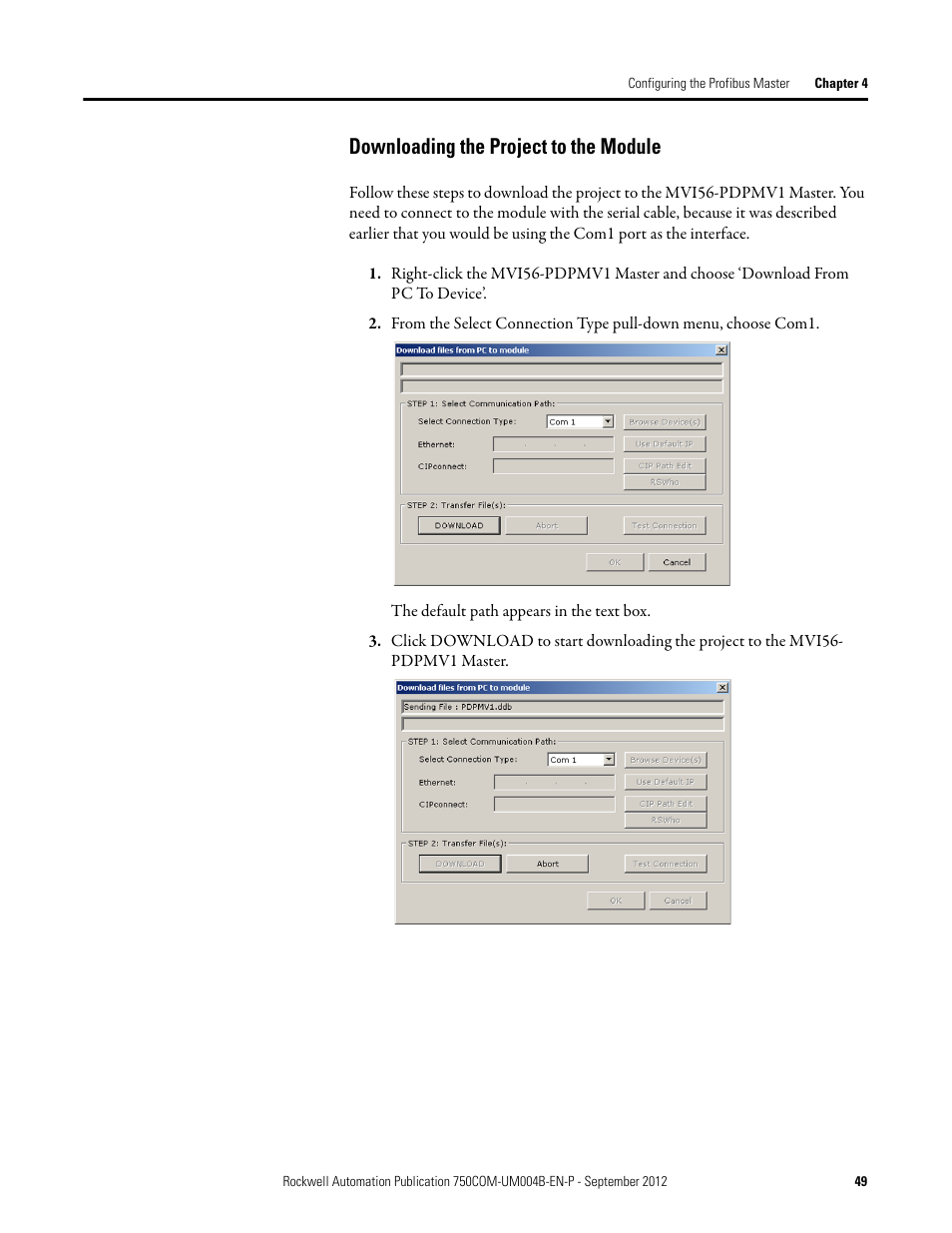 Downloading the project to the module | Rockwell Automation 20-750-PBUS Profibus DPV1 Option Module User Manual | Page 49 / 96