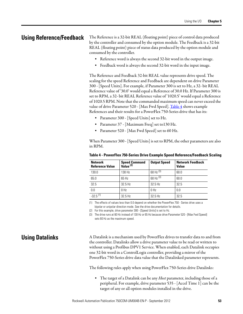 Using reference/feedback, Using datalinks, Using reference/feedback using datalinks | Rockwell Automation 20-750-PBUS Profibus DPV1 Option Module User Manual | Page 53 / 96