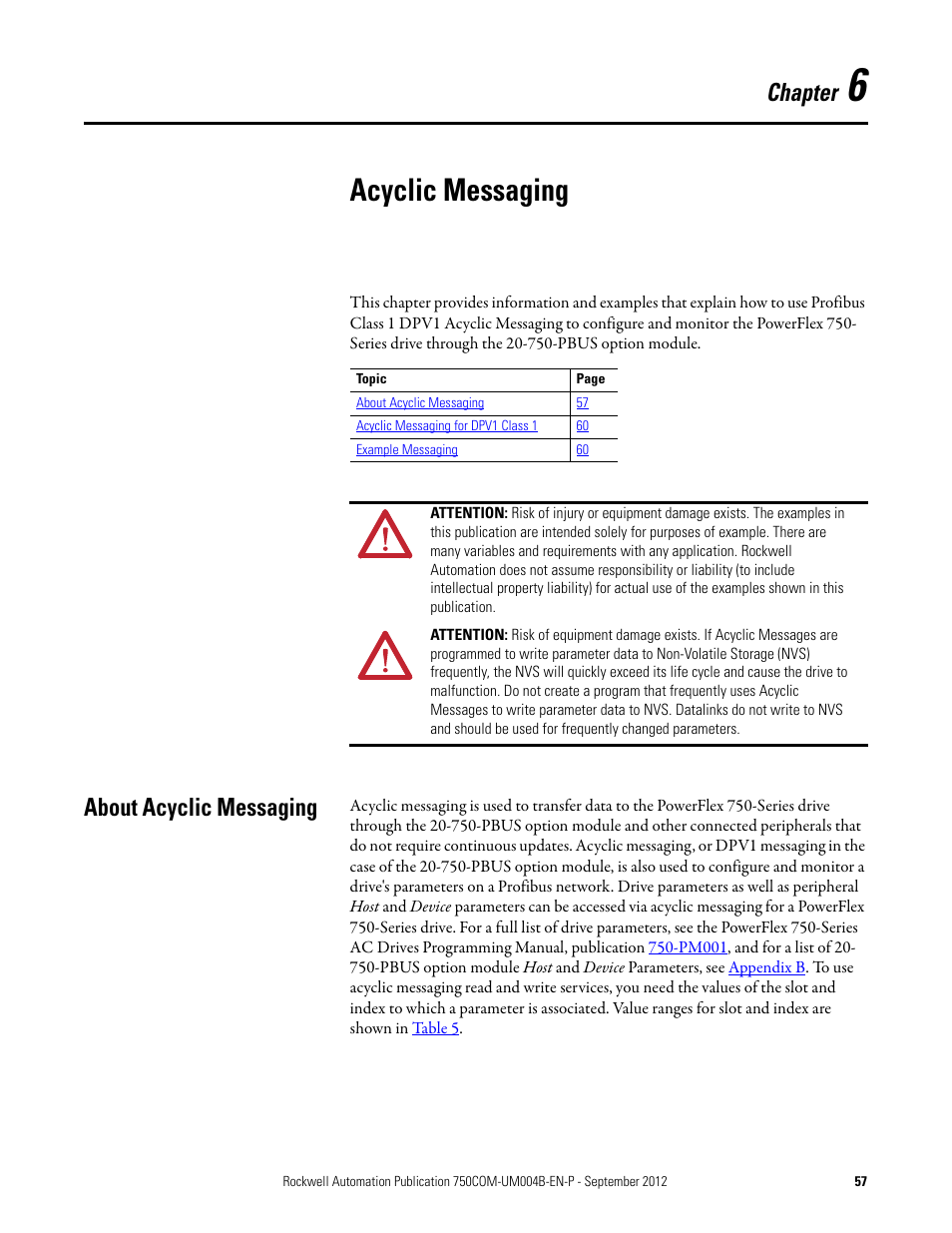 Chapter 6, Acyclic messaging, About acyclic messaging | Rockwell Automation 20-750-PBUS Profibus DPV1 Option Module User Manual | Page 57 / 96