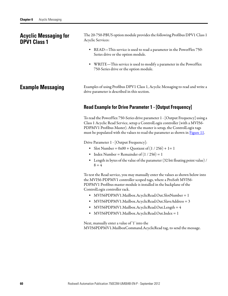 Acyclic messaging for dpv1 class 1, Example messaging | Rockwell Automation 20-750-PBUS Profibus DPV1 Option Module User Manual | Page 60 / 96