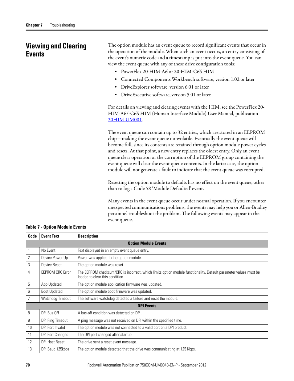 Viewing and clearing events | Rockwell Automation 20-750-PBUS Profibus DPV1 Option Module User Manual | Page 70 / 96