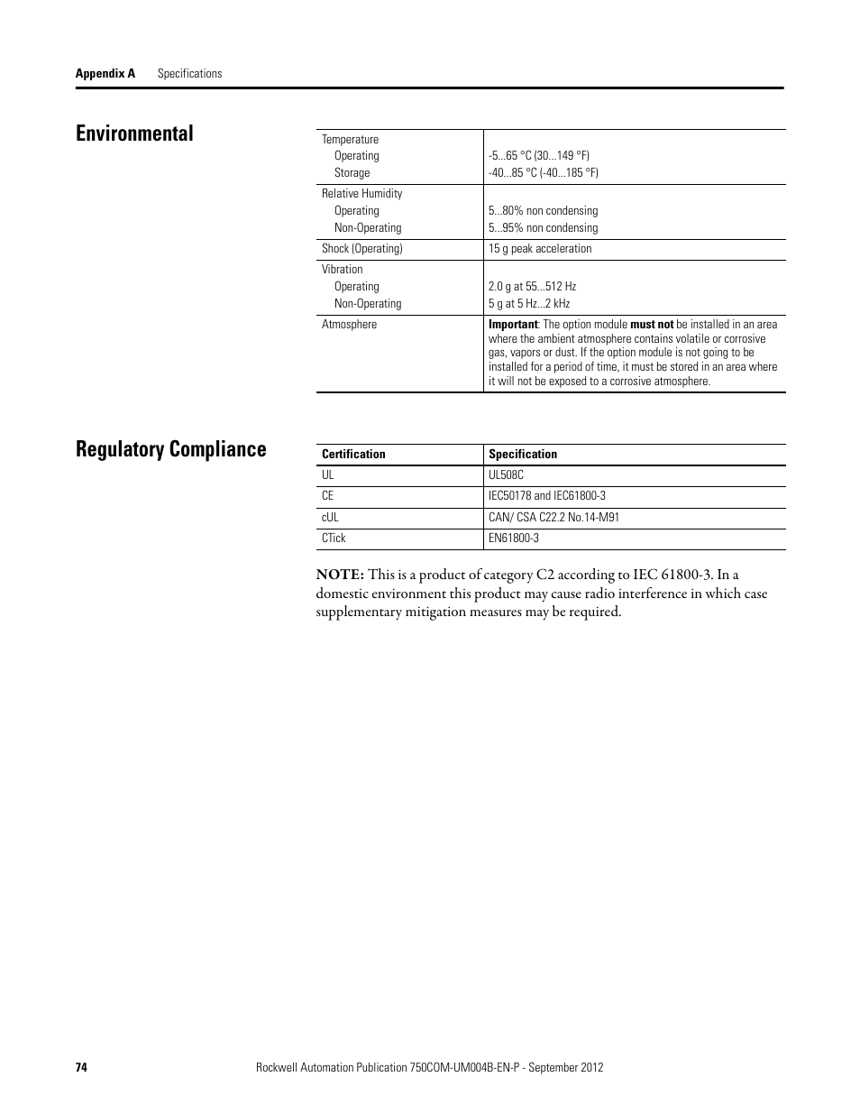 Environmental, Regulatory compliance, Environmental regulatory compliance | Rockwell Automation 20-750-PBUS Profibus DPV1 Option Module User Manual | Page 74 / 96