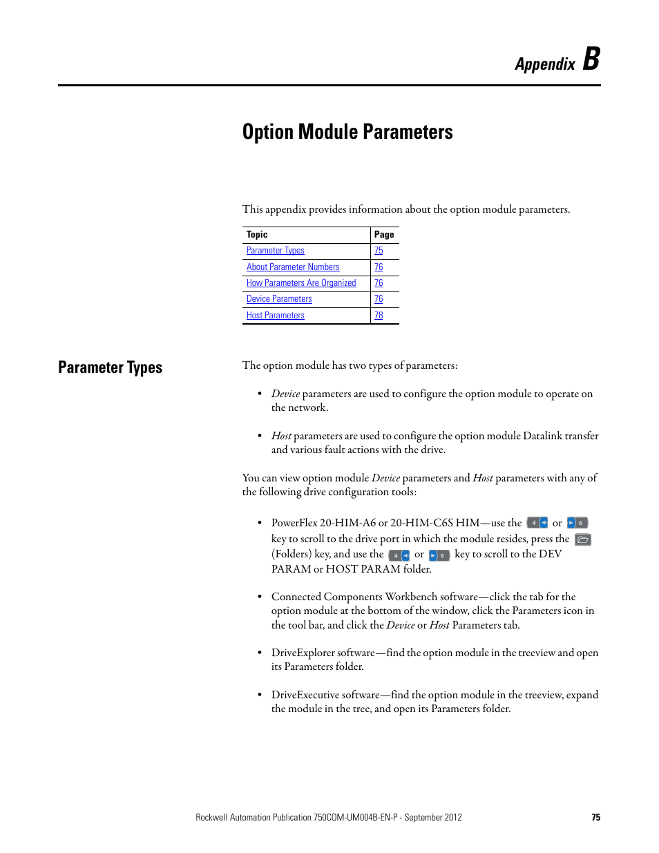 Appendix b, Option module parameters, Parameter types | Rockwell Automation 20-750-PBUS Profibus DPV1 Option Module User Manual | Page 75 / 96