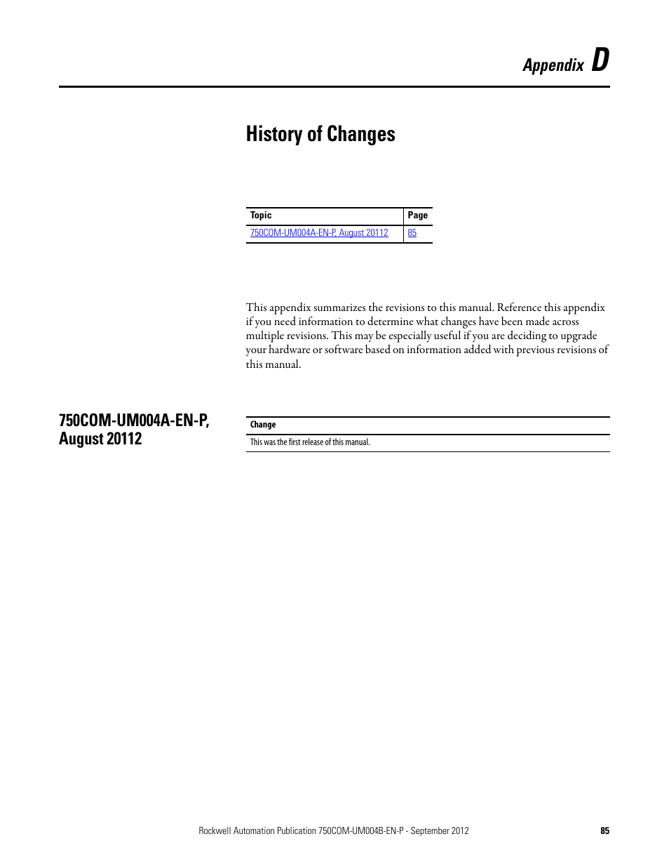 Appendix d, History of changes, 750com-um004a-en-p, august 20112 | Rockwell Automation 20-750-PBUS Profibus DPV1 Option Module User Manual | Page 85 / 96