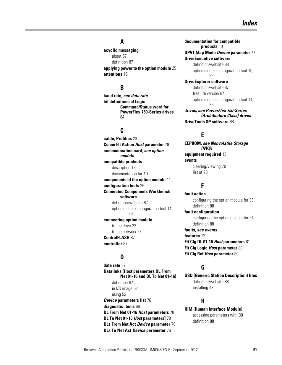 Index | Rockwell Automation 20-750-PBUS Profibus DPV1 Option Module User Manual | Page 91 / 96