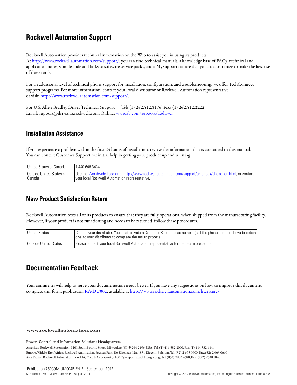 Rockwell automation support, Documentation feedback | Rockwell Automation 20-750-PBUS Profibus DPV1 Option Module User Manual | Page 96 / 96