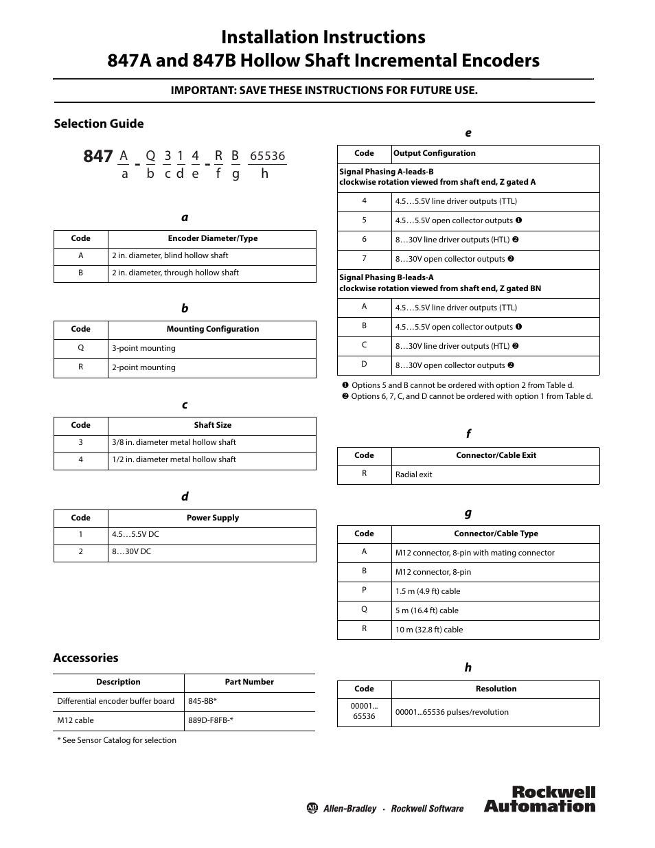 Rockwell Automation 847A_B Hollow Shaft Incremental Encoders User Manual | 4 pages
