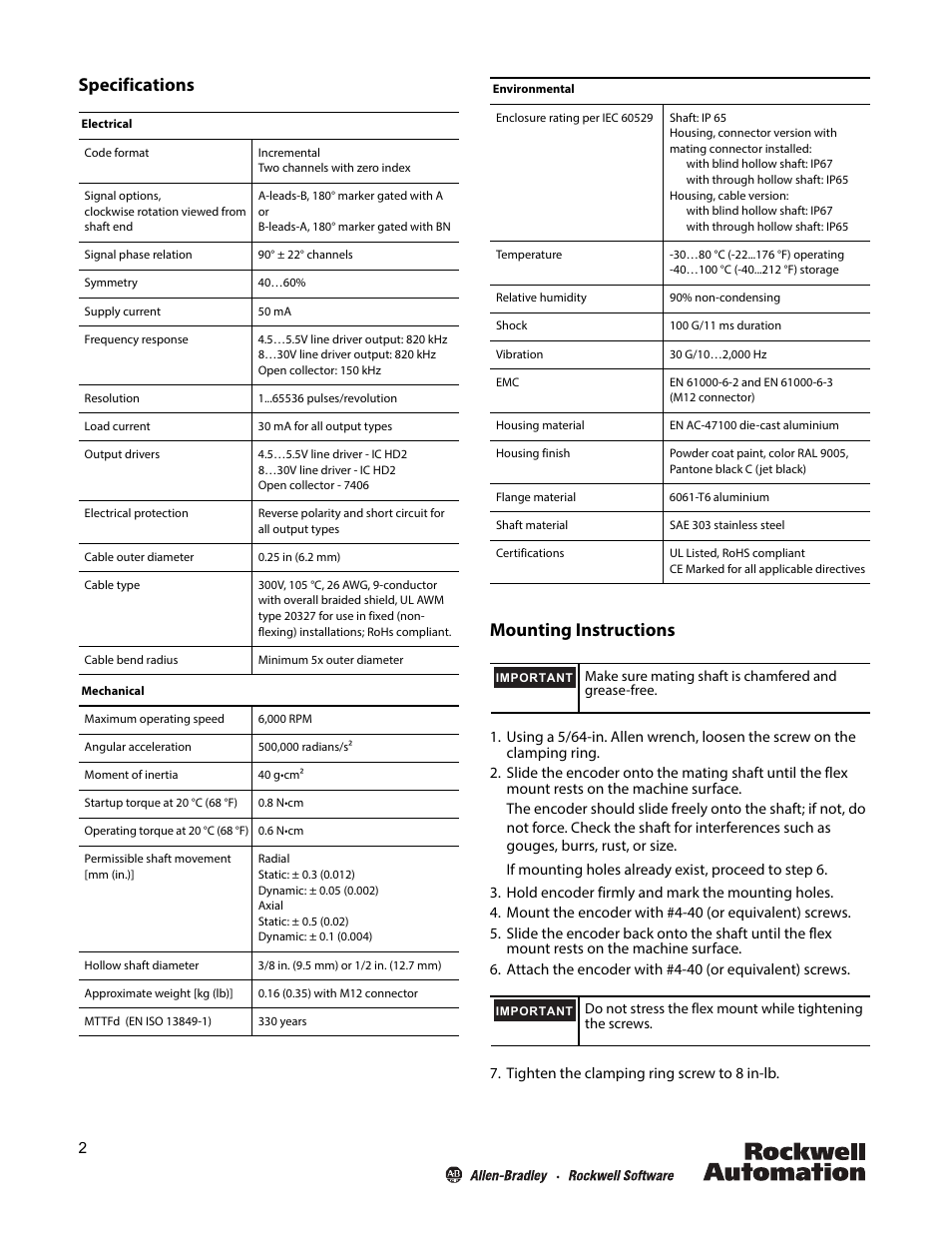 Specifications, Mounting instructions | Rockwell Automation 847A_B Hollow Shaft Incremental Encoders User Manual | Page 2 / 4