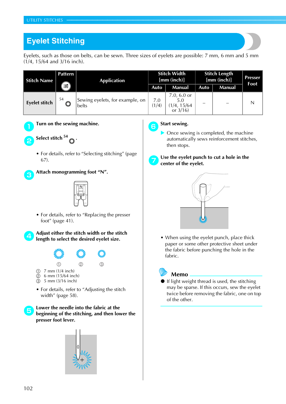 Eyelet stitching | Brother Sewing Machines User Manual | Page 103 / 140