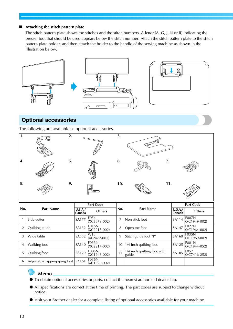 Optional accessories | Brother Sewing Machines User Manual | Page 11 / 140