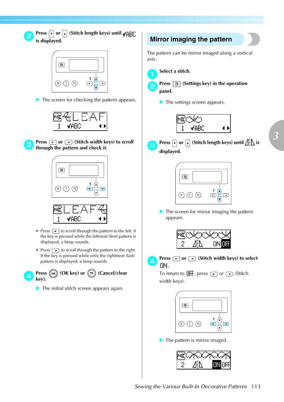Mirror imaging the pattern | Brother Sewing Machines User Manual | Page 114 / 140