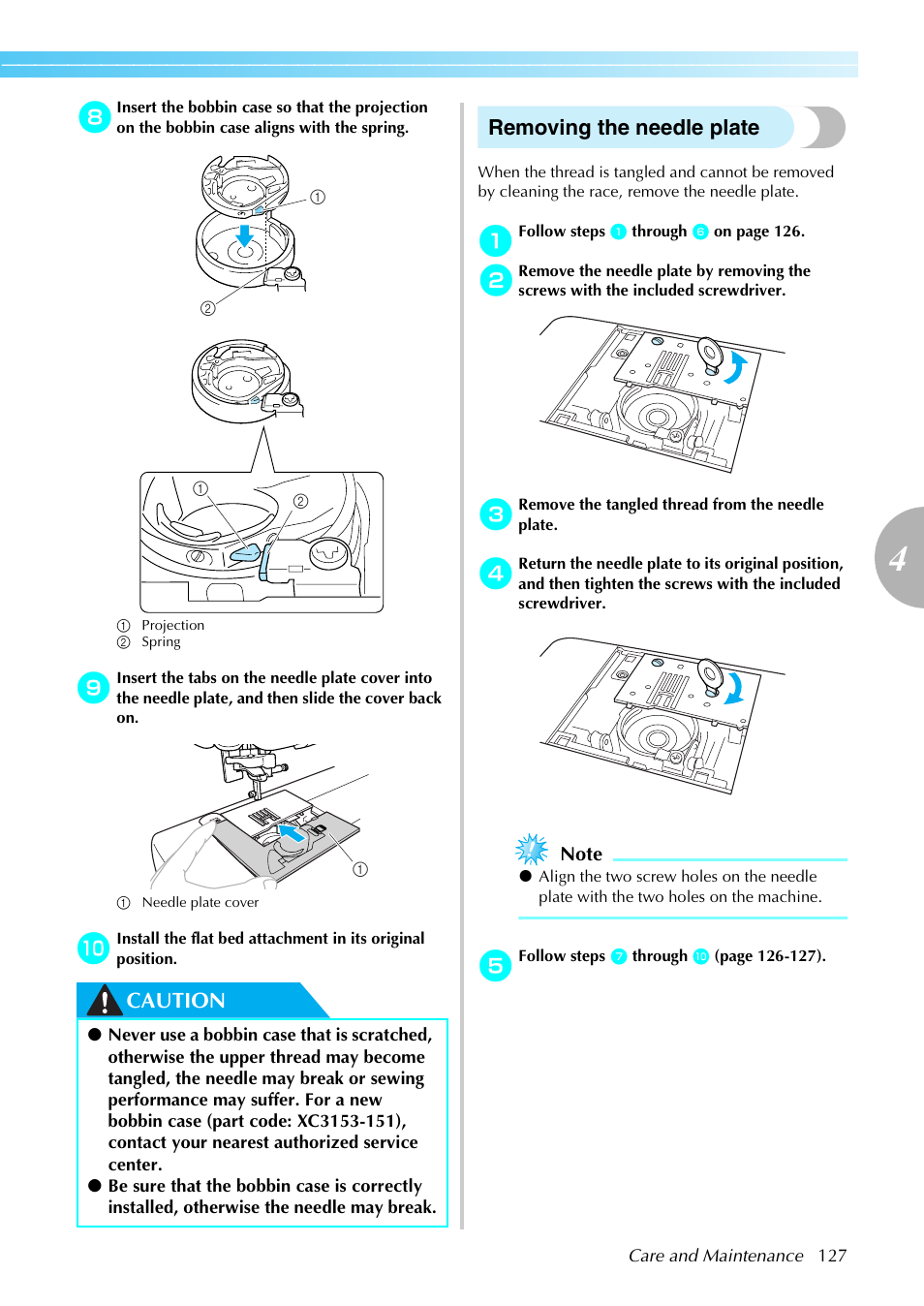Caution removing the needle plate | Brother Sewing Machines User Manual | Page 128 / 140