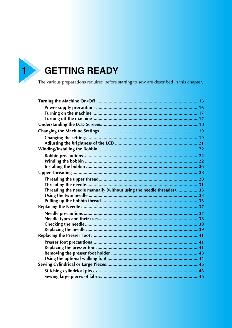1getting ready | Brother Sewing Machines User Manual | Page 16 / 140