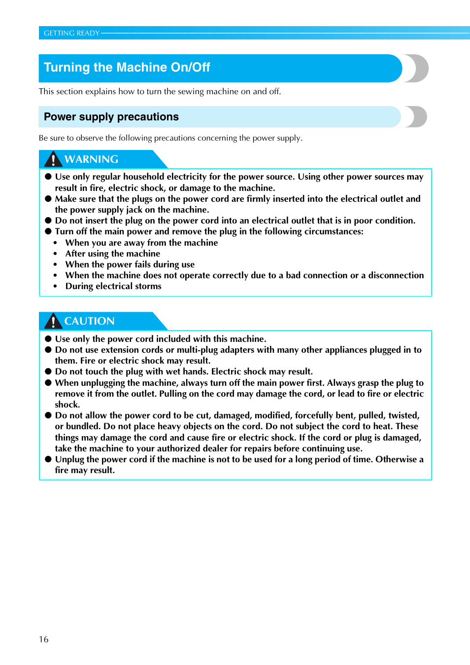 Turning the machine on/off, Power supply precautions, Warning caution | Brother Sewing Machines User Manual | Page 17 / 140