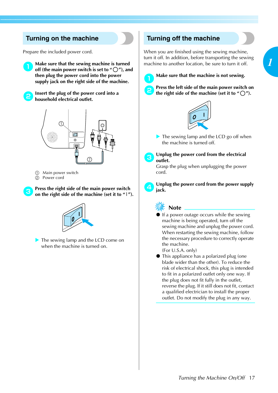 Turning on the machine, Turning off the machine | Brother Sewing Machines User Manual | Page 18 / 140