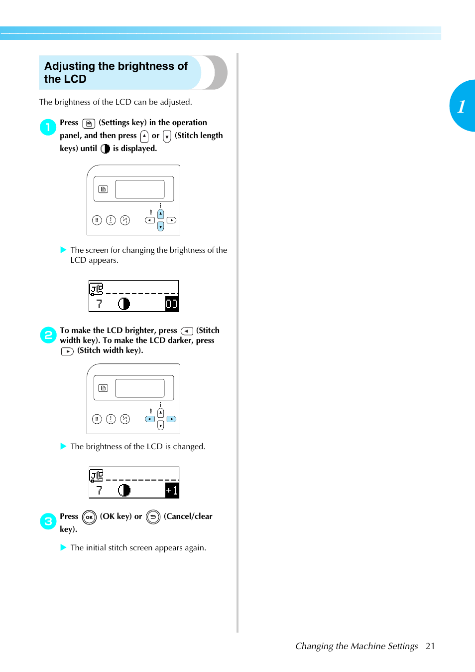 Adjusting the brightness of the lcd | Brother Sewing Machines User Manual | Page 22 / 140