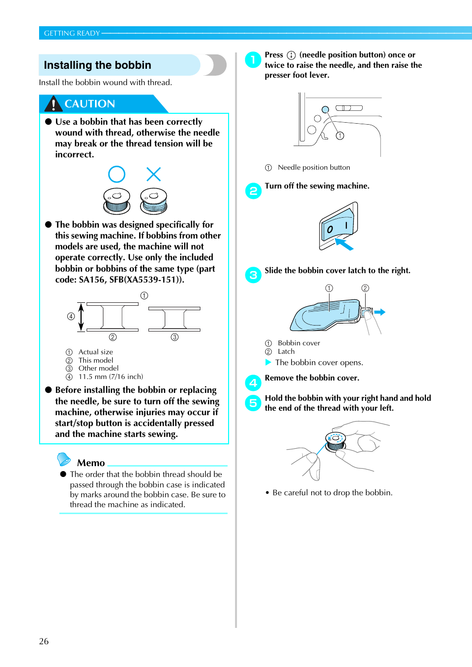 Installing the bobbin, Caution | Brother Sewing Machines User Manual | Page 27 / 140