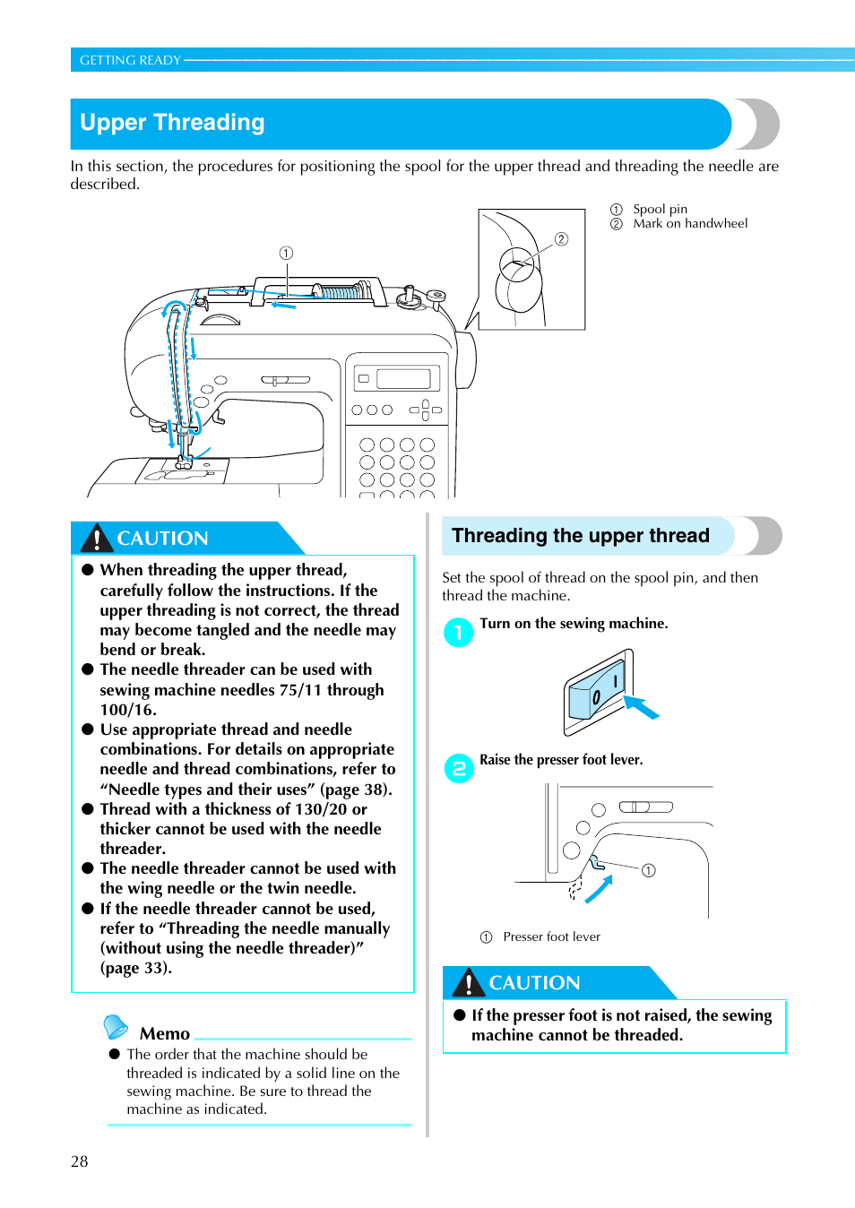 Upper threading, Caution, Threading the upper thread | Brother Sewing Machines User Manual | Page 29 / 140