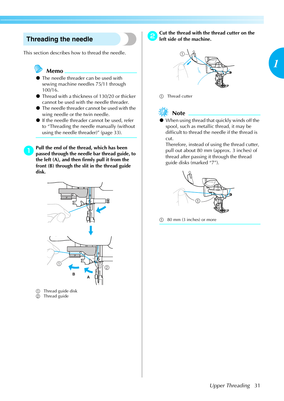 Threading the needle | Brother Sewing Machines User Manual | Page 32 / 140