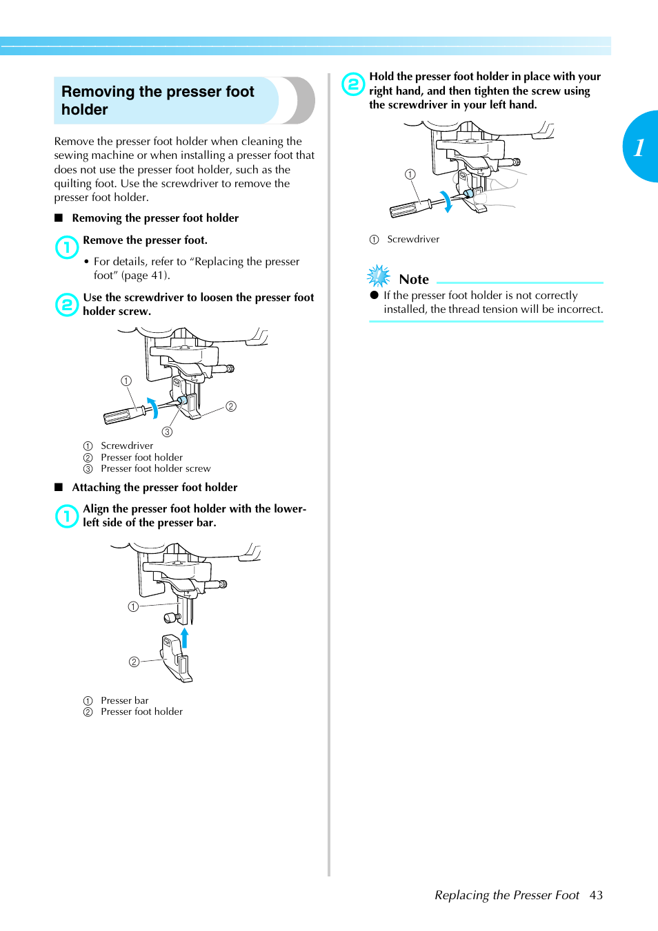 Removing the presser foot holder | Brother Sewing Machines User Manual | Page 44 / 140