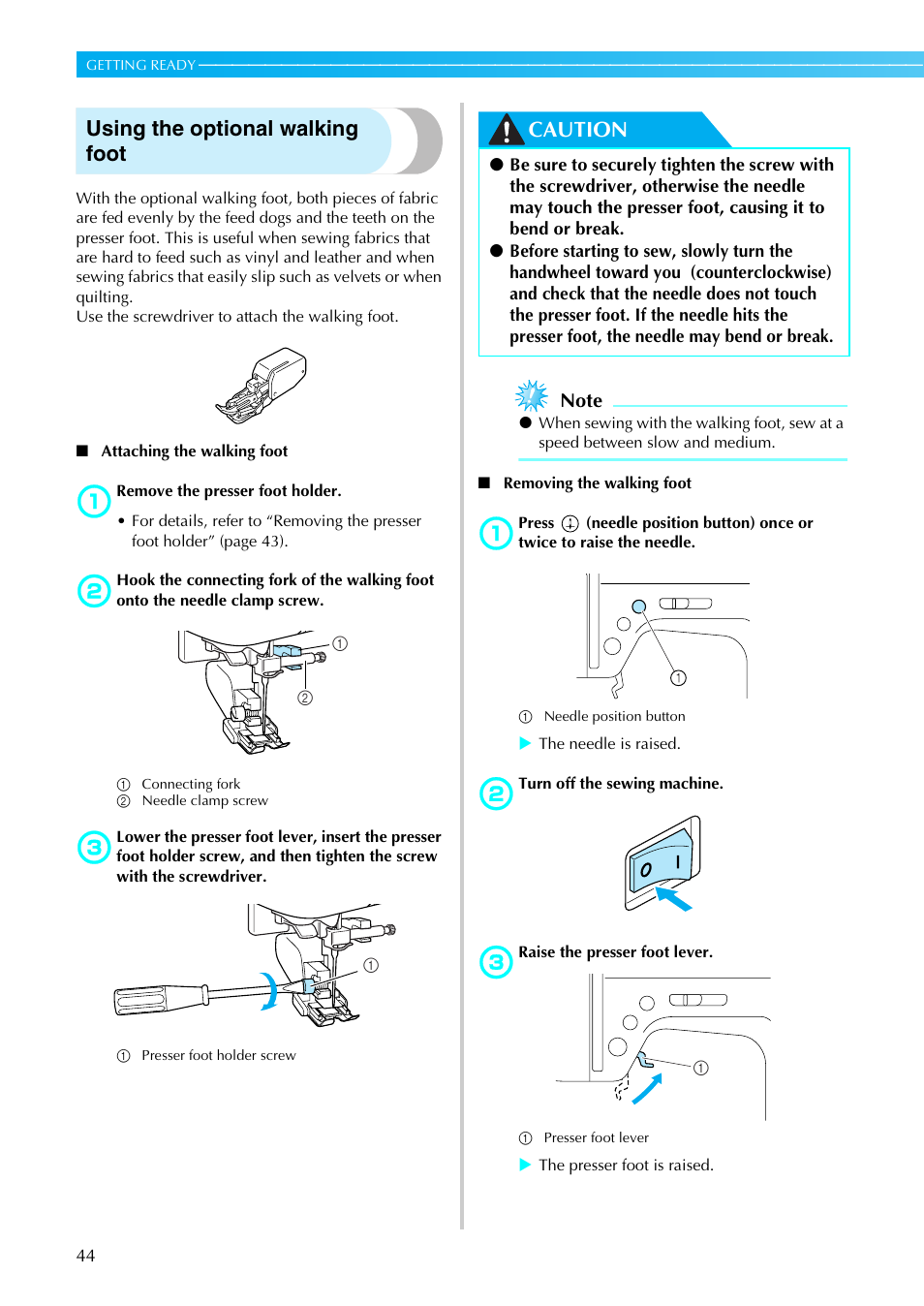 Using the optional walking foot, Caution | Brother Sewing Machines User Manual | Page 45 / 140