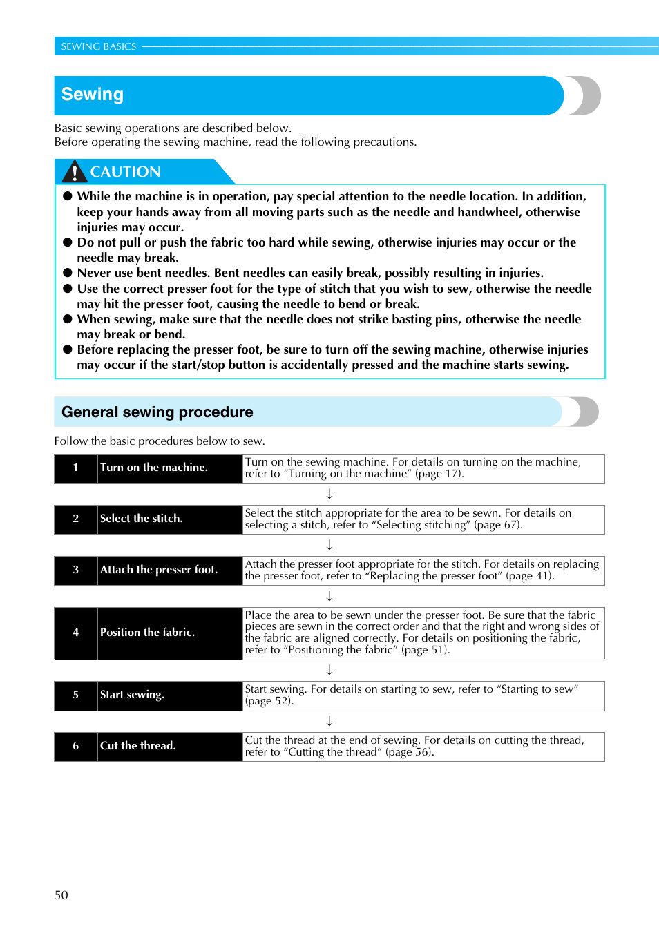 Sewing, Caution general sewing procedure | Brother Sewing Machines User Manual | Page 51 / 140