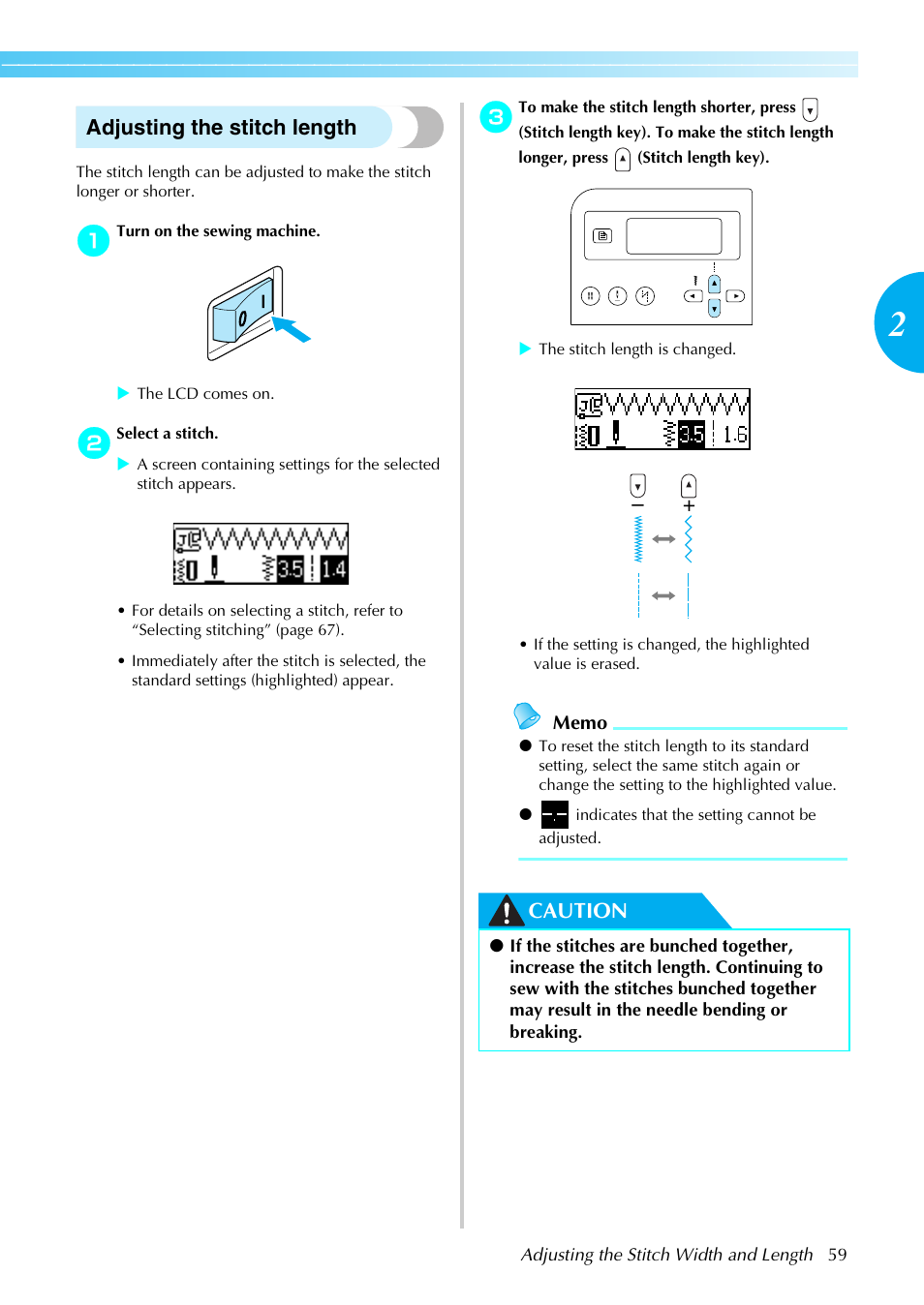 Adjusting the stitch length, Caution | Brother Sewing Machines User Manual | Page 60 / 140