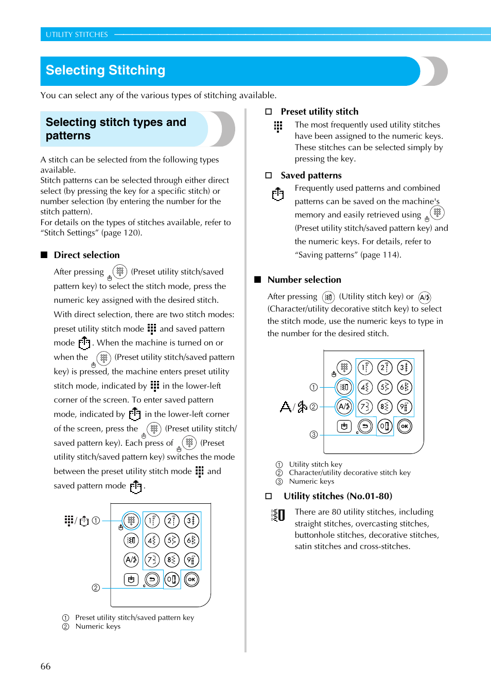 Selecting stitching, Selecting stitch types and patterns | Brother Sewing Machines User Manual | Page 67 / 140