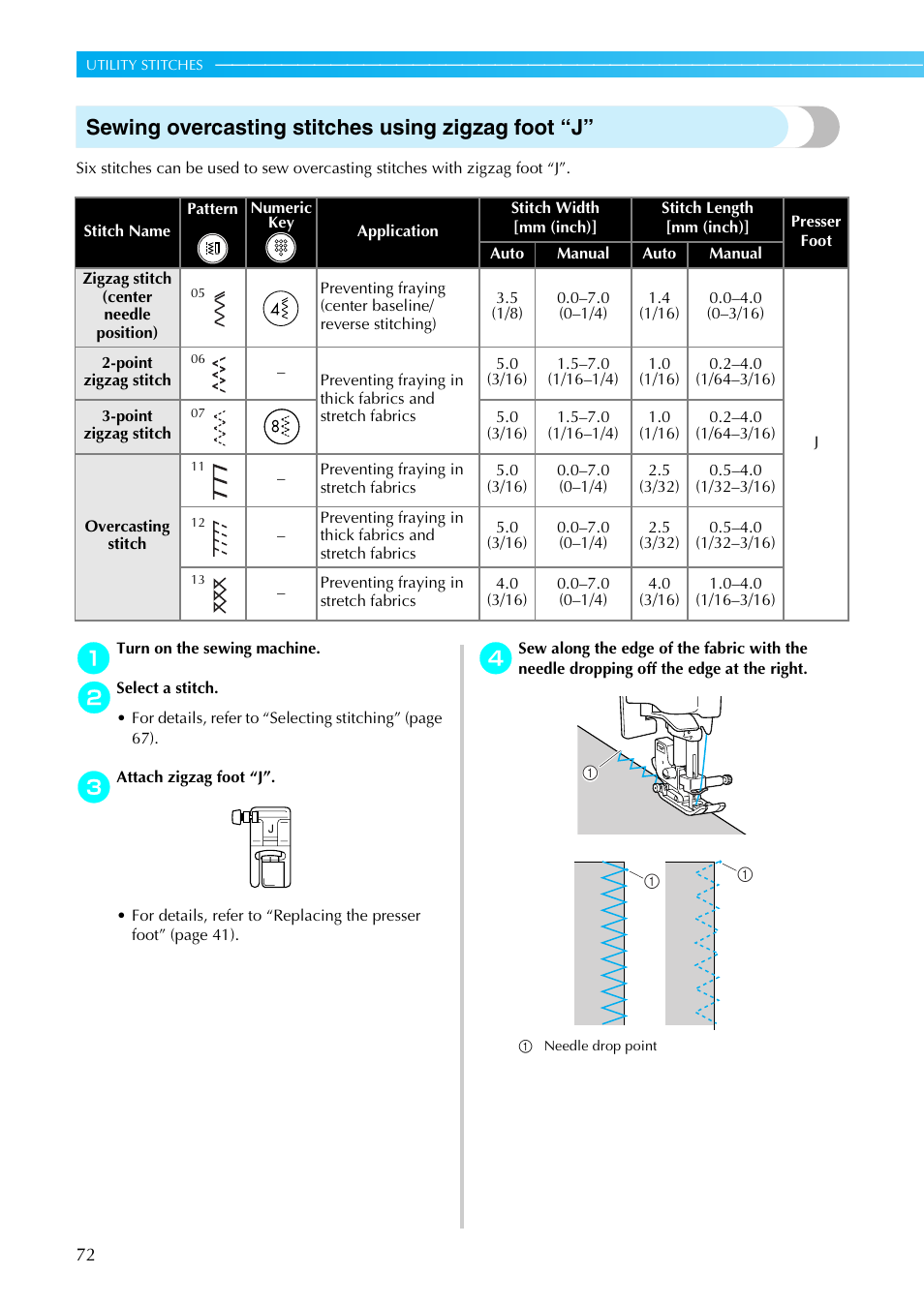 Sewing overcasting stitches using zigzag foot “j | Brother Sewing Machines User Manual | Page 73 / 140