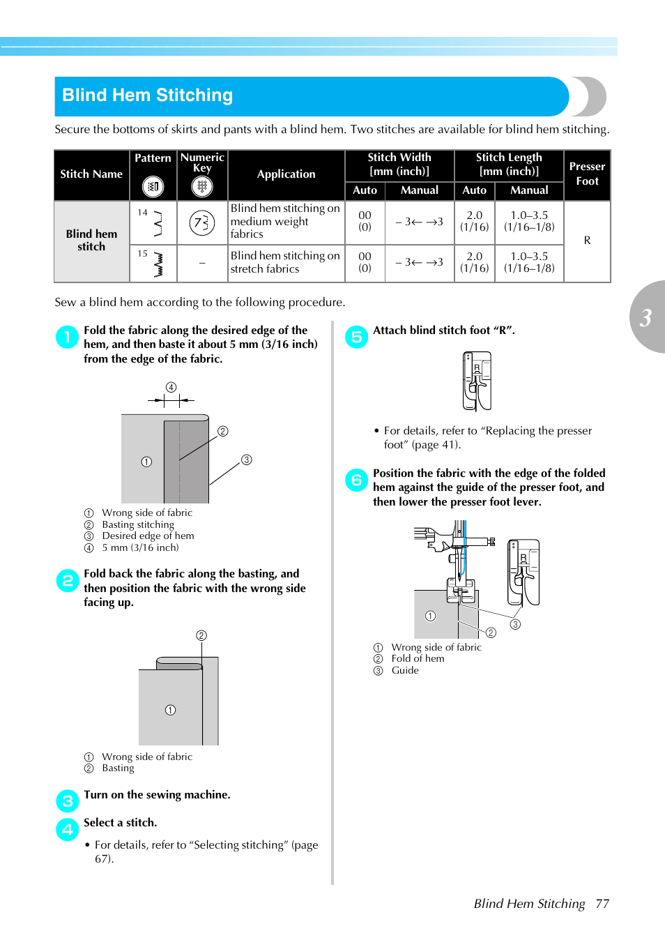 Blind hem stitching | Brother Sewing Machines User Manual | Page 78 / 140