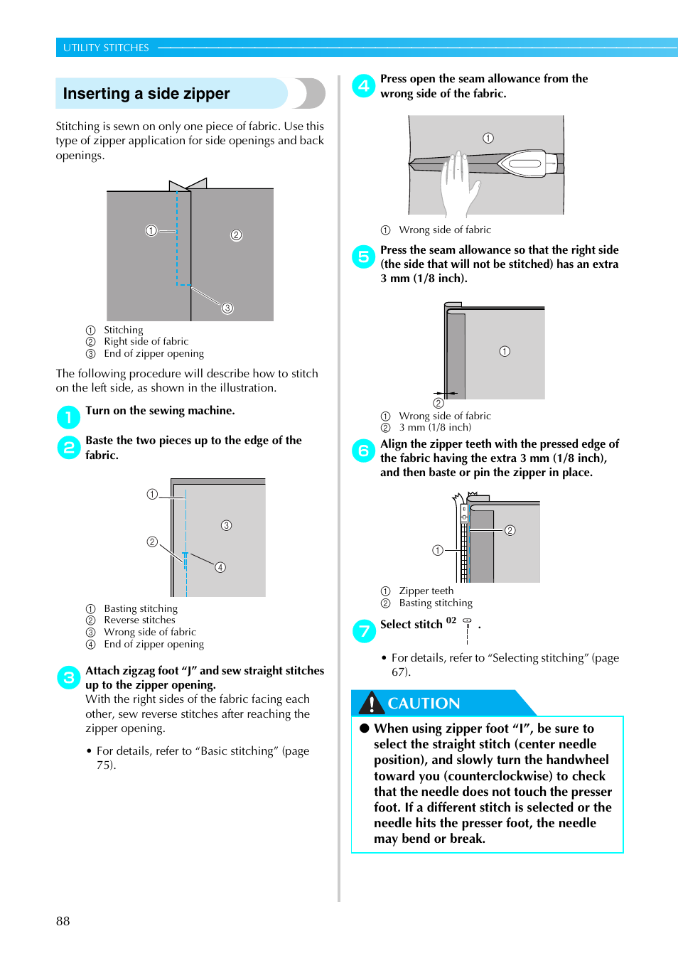 Inserting a side zipper, Caution | Brother Sewing Machines User Manual | Page 89 / 140