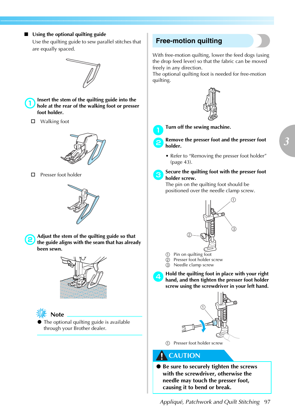 Free-motion quilting, Caution | Brother Sewing Machines User Manual | Page 98 / 140