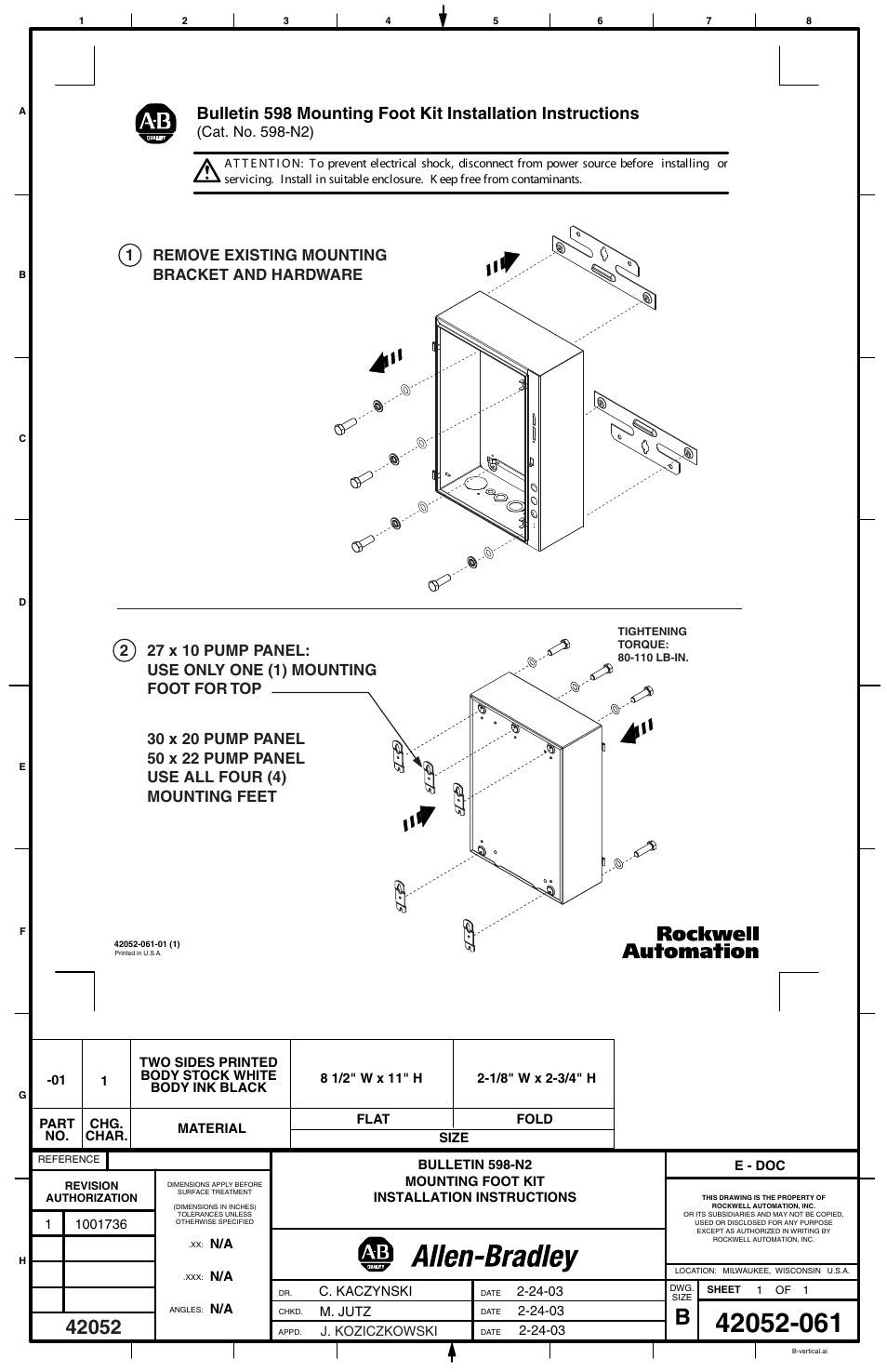 Rockwell Automation 598-N2 Pad Mounting Foot Kit User Manual | 1 page