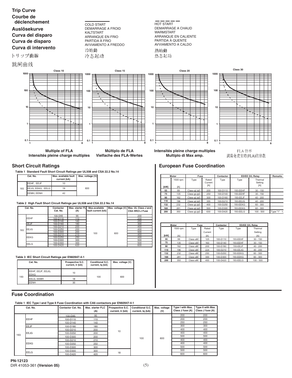 Trip curve short circuit ratings, Fuse coordination european fuse coordination | Rockwell Automation 193-EExF_G_H Bul 193 E1 Plus Overload Relay User Manual | Page 5 / 6