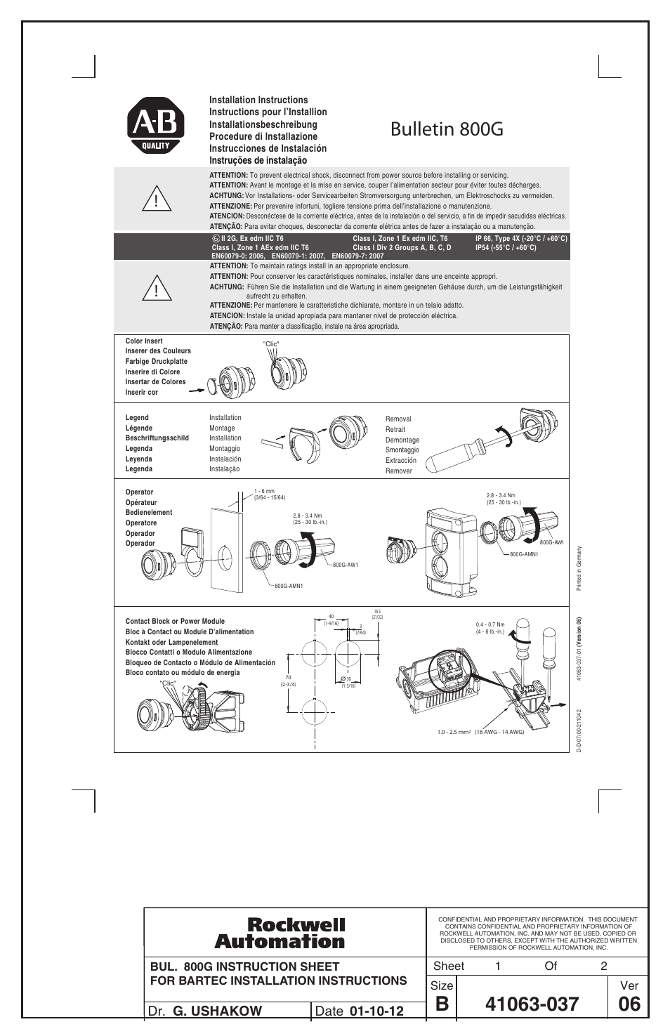 Rockwell Automation 800G Installation Instructions User Manual | 2 pages