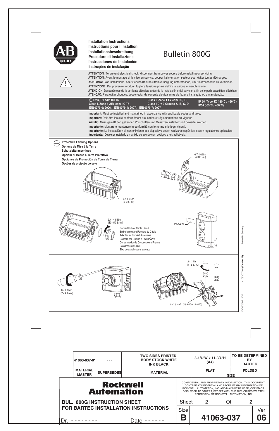 Bulletin 800g, Dr. date, Sheet size ver of 2 2 | Rockwell Automation 800G Installation Instructions User Manual | Page 2 / 2