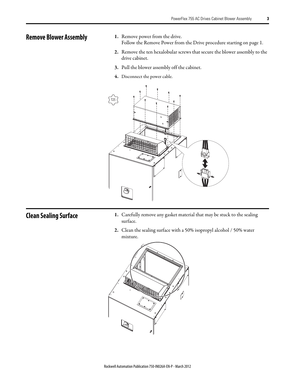 Remove blower assembly, Clean sealing surface | Rockwell Automation 21G PowerFlex 755 AC Drives Cabinet Blower Assembly Kit - Frames 8-10 User Manual | Page 3 / 4