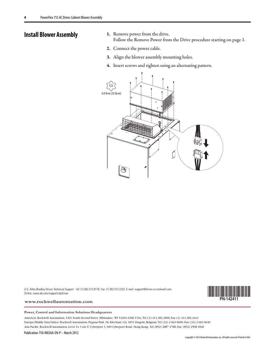 Install blower assembly | Rockwell Automation 21G PowerFlex 755 AC Drives Cabinet Blower Assembly Kit - Frames 8-10 User Manual | Page 4 / 4