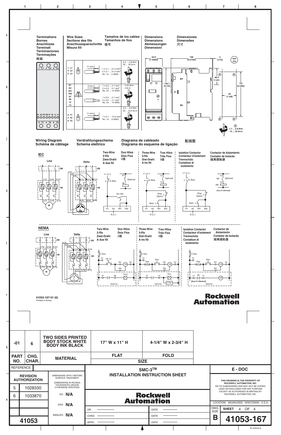 Smc-3, E - doc, Revision authorization | Verdrahtungsschema schema elettrico | Rockwell Automation 150-C3x SMC-3 Soft Starter (3-37A) User Manual | Page 4 / 4