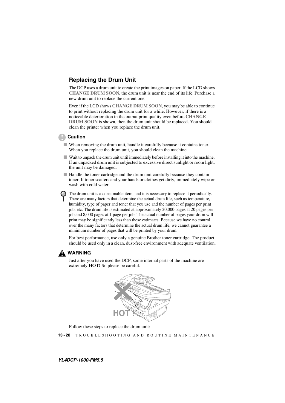 Replacing the drum unit, Replacing the drum unit -20 | Brother DCP 1000 User Manual | Page 118 / 129