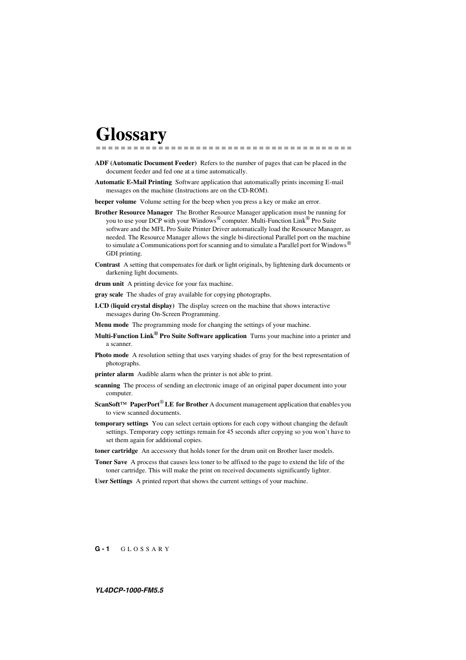 Glossary | Brother DCP 1000 User Manual | Page 122 / 129