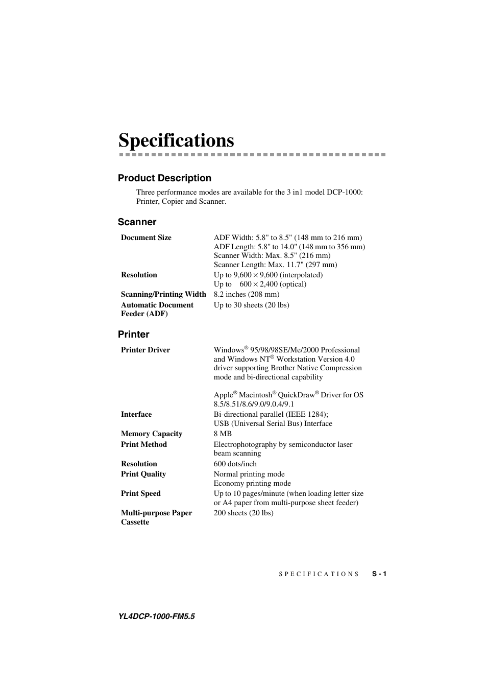 Specifications, Product description, Scanner | Printer, Scanner printer | Brother DCP 1000 User Manual | Page 123 / 129