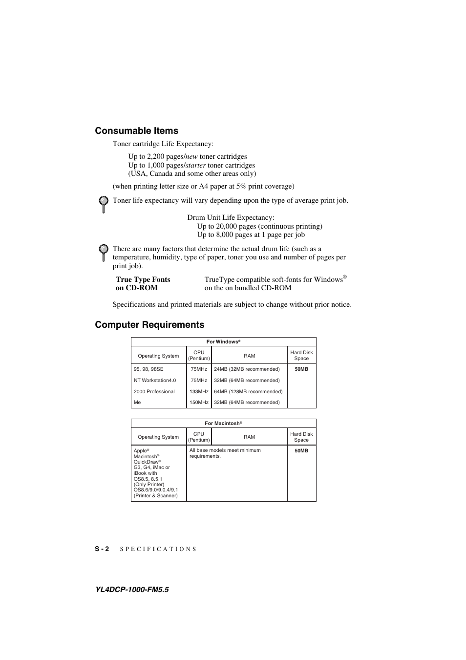 Consumable items, Computer requirements, On the on bundled cd-rom | Brother DCP 1000 User Manual | Page 124 / 129