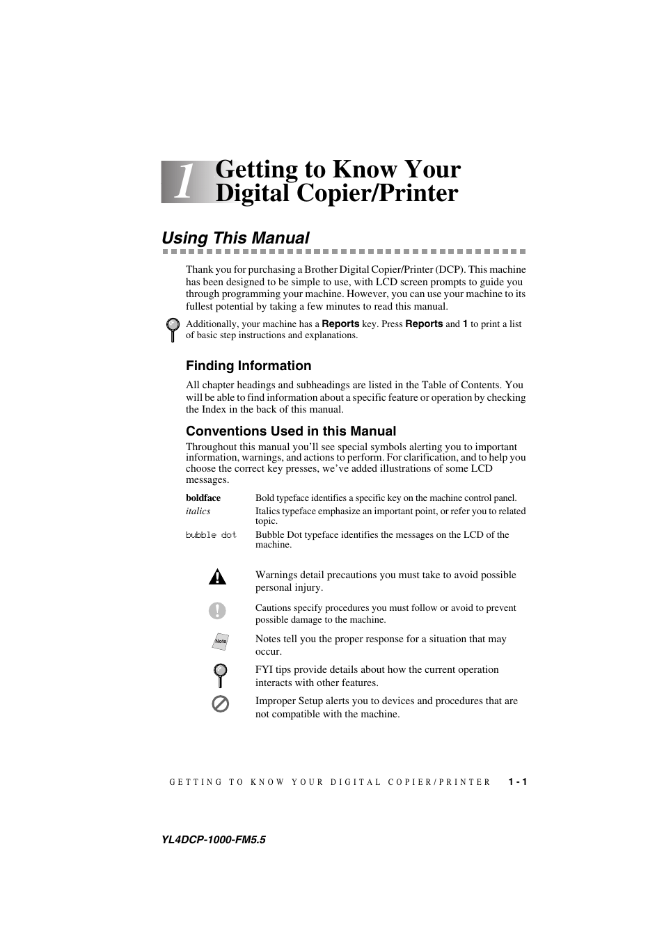 1 getting to know your digital copier/printer, Using this manual, Finding information | Conventions used in this manual, Getting to know your digital copier/printer -1, Using this manual -1, Getting to know your digital copier/printer | Brother DCP 1000 User Manual | Page 15 / 129