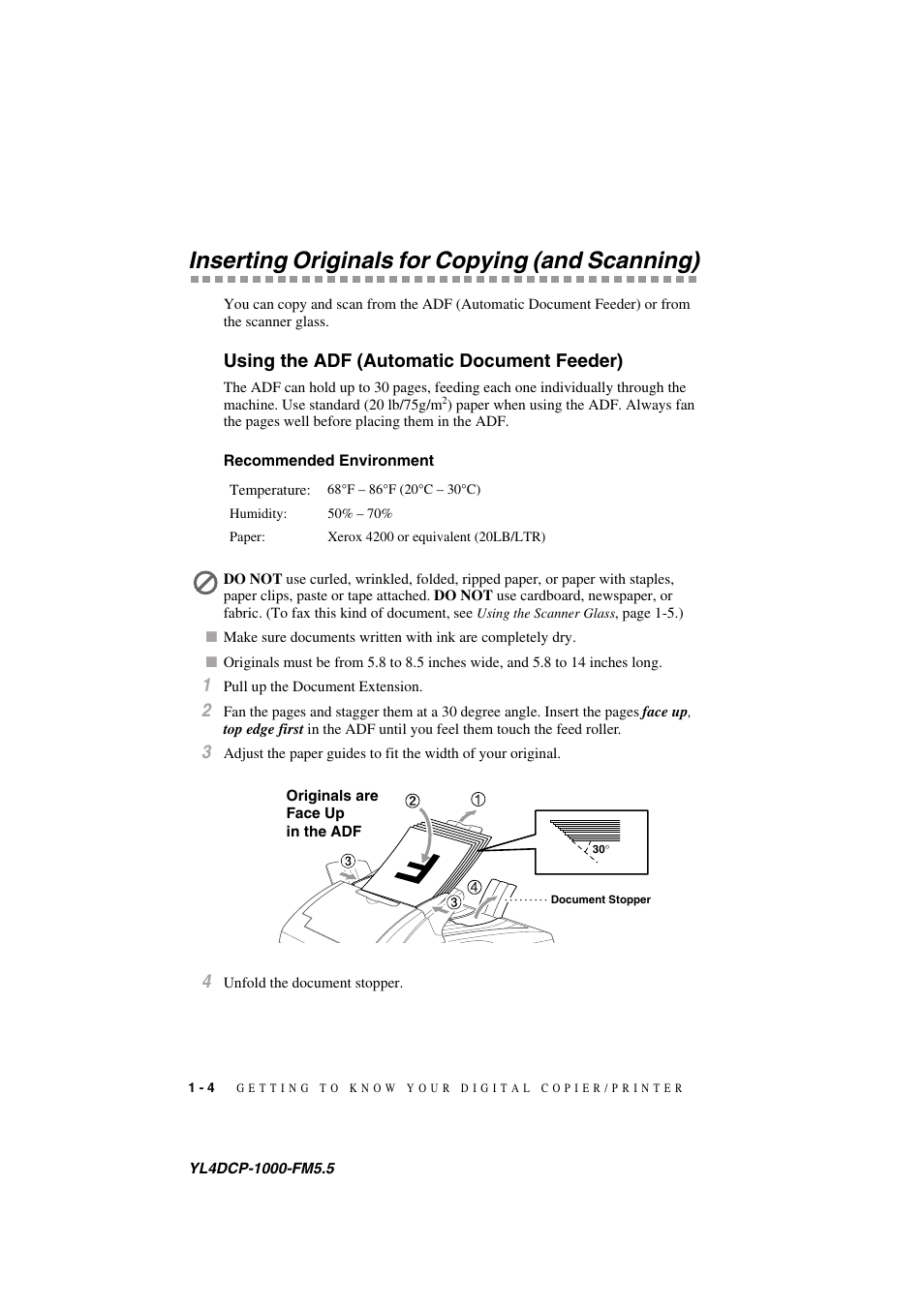 Inserting originals for copying (and scanning), Using the adf (automatic document feeder), Recommended environment | Inserting originals for copying (and scanning) -4, Using the adf (automatic document feeder) -4, Recommended environment -4 | Brother DCP 1000 User Manual | Page 18 / 129