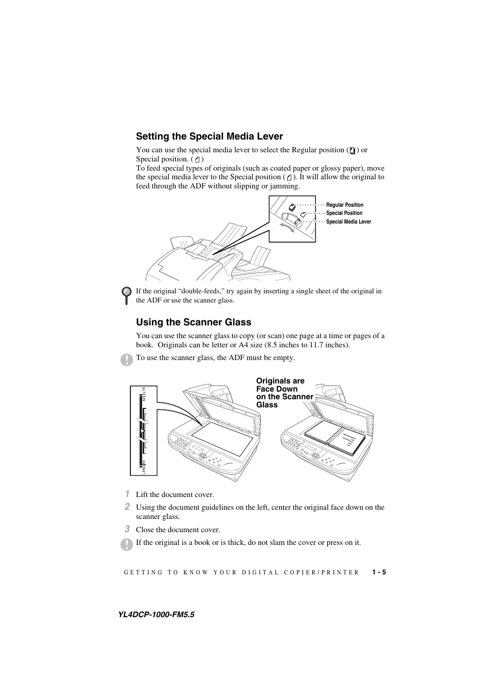 Setting the special media lever, Using the scanner glass | Brother DCP 1000 User Manual | Page 19 / 129
