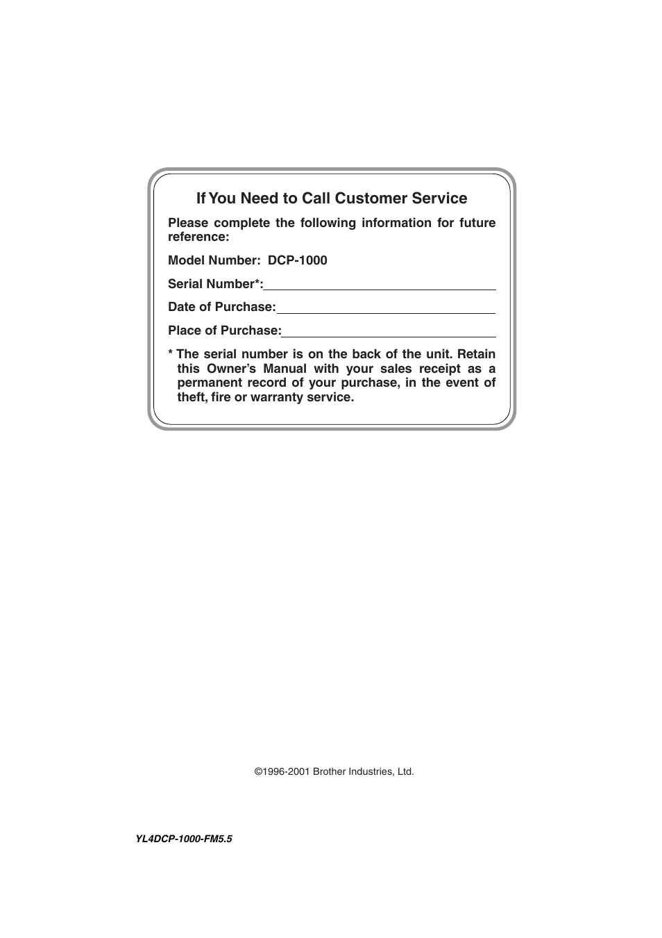 If you need to call customer service | Brother DCP 1000 User Manual | Page 2 / 129